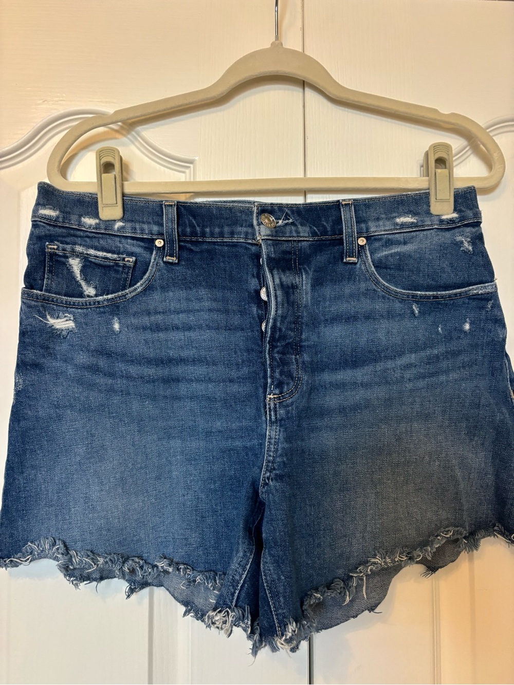 PAIGE Distressed Asher Blue Denim Jean Shorts
